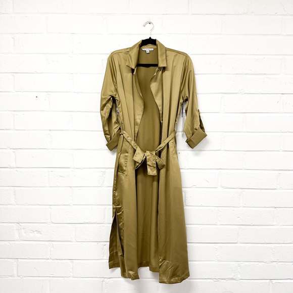 108 - Light Olive Satin Kimono Trench - Picture 1 of 4